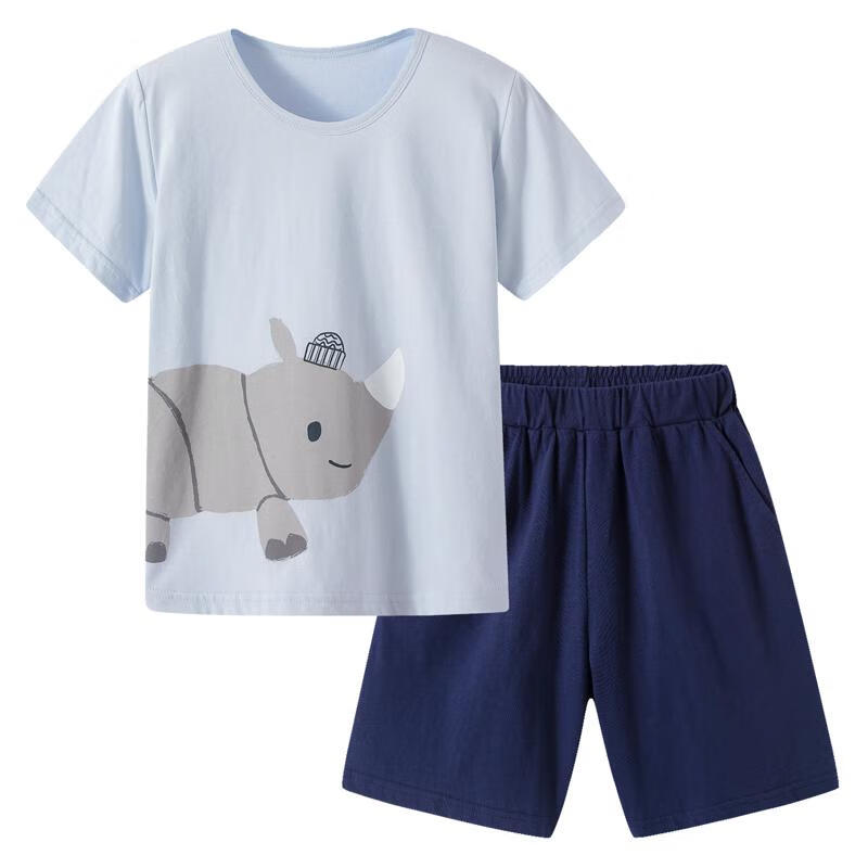 THREEGUN Water-Soft Cotton Children's Short-Sleeve Shorts Pajama Set for Boys And Girls, 89205D0, Angel Blue, Size 110