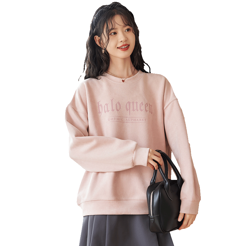 Halo Queen Women's Sweatshirt, Suede Fleece, Spring And Autumn Round Neck, Letter Print Pullover, Loose Fit Versatile Sweatshirt, New Product H143W1022