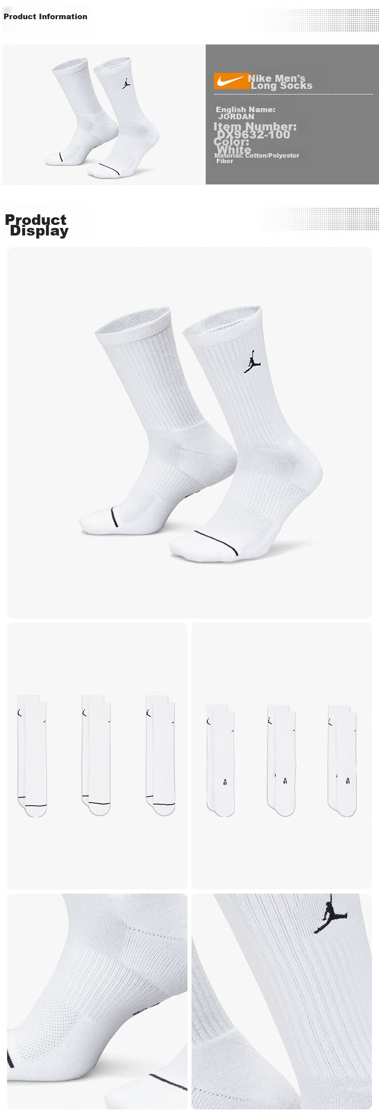 Jordan Men's And Women's Sports Socks, Embroidered Logo, Three-Pair Pack, Quick-Dry Mid-Calf Socks DX9632-100 White M 14