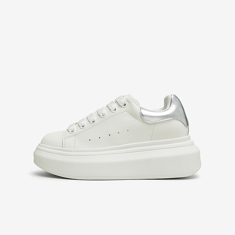 TATA Women's Shoes, Cream Bubble Thick-Soled Sneakers, White Casual Skateboard Shoes, White/silver, Size 37