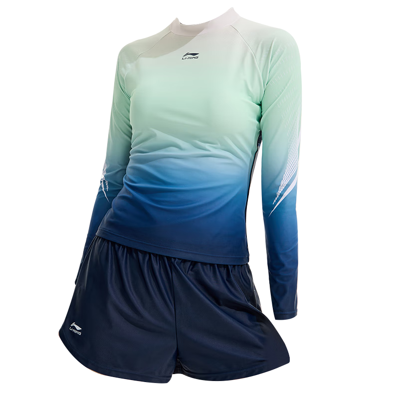 Li-Ning Women's Swimsuit, Sports Casual Two-Piece Swimwear, Fashionable Color-Block Long-Sleeve Hot Spring Resort Swimwear, 072 Blue-Green XL