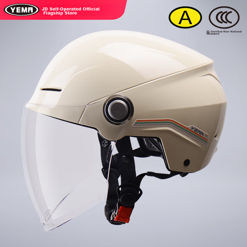 YEMA 3C Certified New National Standard Class A 367S Electric Scooter Helmet, Women's Summer And All-Season Half Helmet, Lightweight Motorcycle Safety Helmet for Men, Khaki White with Long Transparent Visor