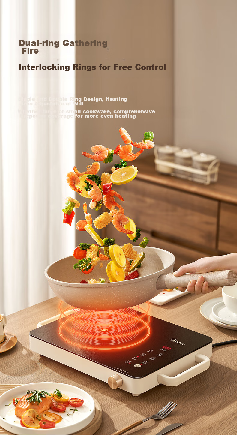 Midea Induction Cooker, Ceramic Cooktop, Battery Stove, 2200W Electric Hot Pot, Intense Heat, Tea Brewing, Water Boiling, Stir-Frying, Electromagnetic Stove for Tea Brewing, Dual Ring Flame Control, Suitable for All Pots, Wear-Resistant And Easy to Clean HW2210 5
