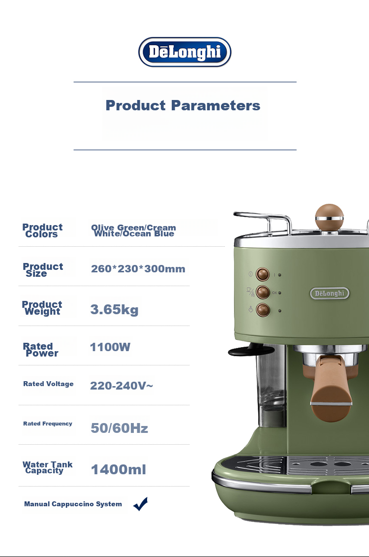 Delonghi Coffee Machine, Retro Semi-Automatic Coffee Maker, Compact Home-Use Stylish Americano And Italian Espresso 15Bar Pump Pressure, Manual Milk Frother ECO310.VGR Olive Green Gift 17