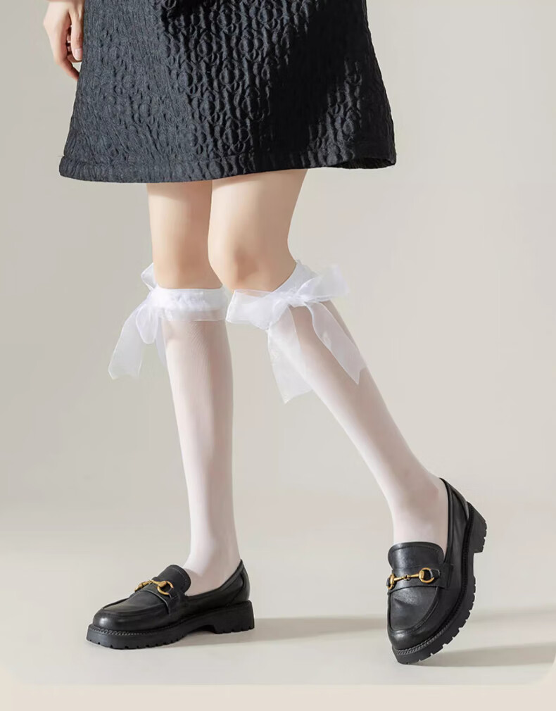 Langsha Women's Ultra-Thin Lace Bow Tie Black Lace Mid-Calf Socks Japanese JK Style Sexy Girl Leg Socks Spring Summer 8
