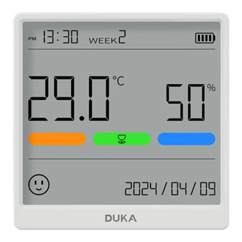 DUKA Indoor Thermometer And Hygrometer with Clock, Home Digital Display, Electronic Type-C Charging, Adhesive Or Stand-Mounted THSE White