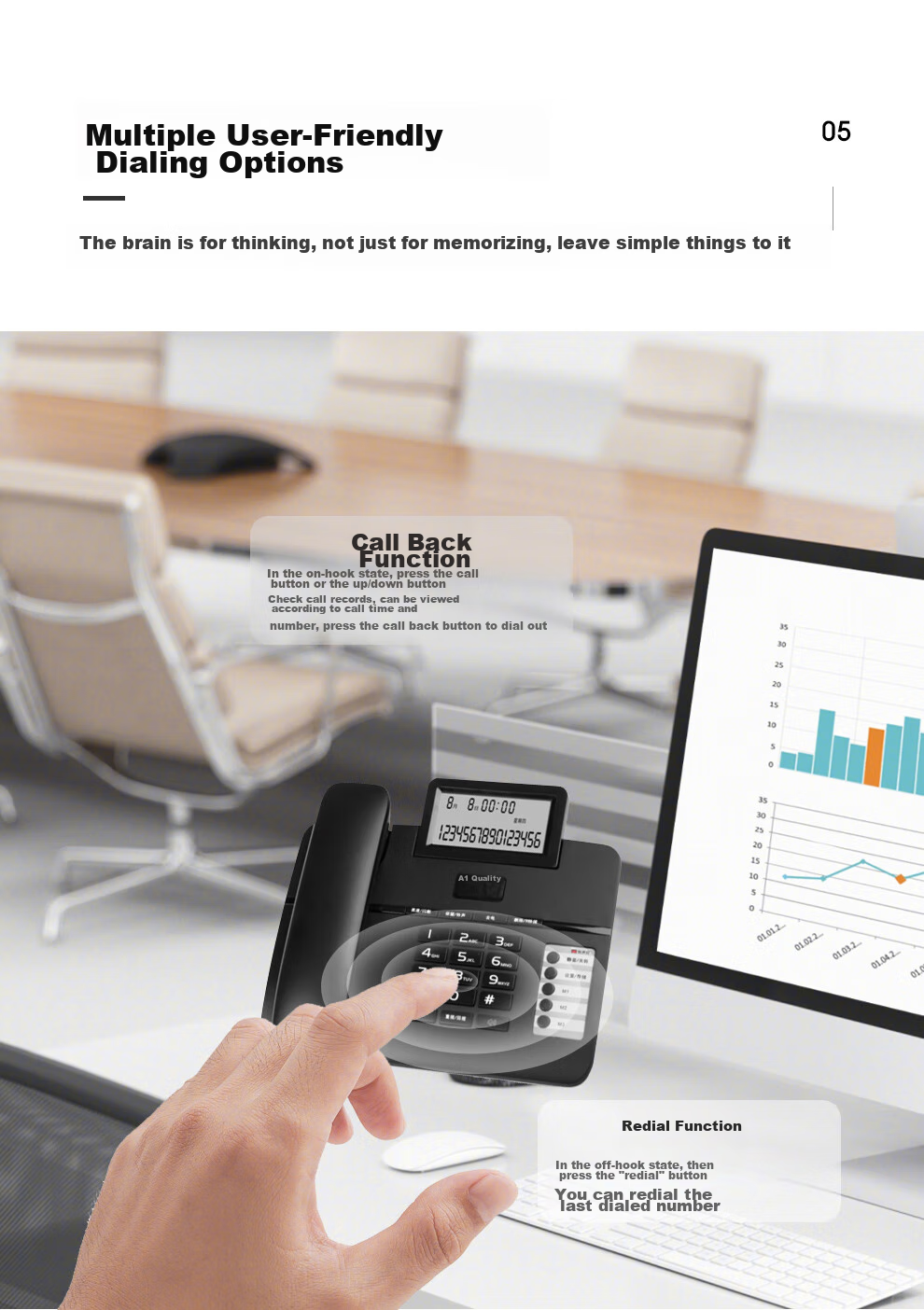 Yijiatong Office Telephone T66, Home Landline Phone, Stylish Business Office Caller ID, for Office/home/business Use, Black Dual Interface 12