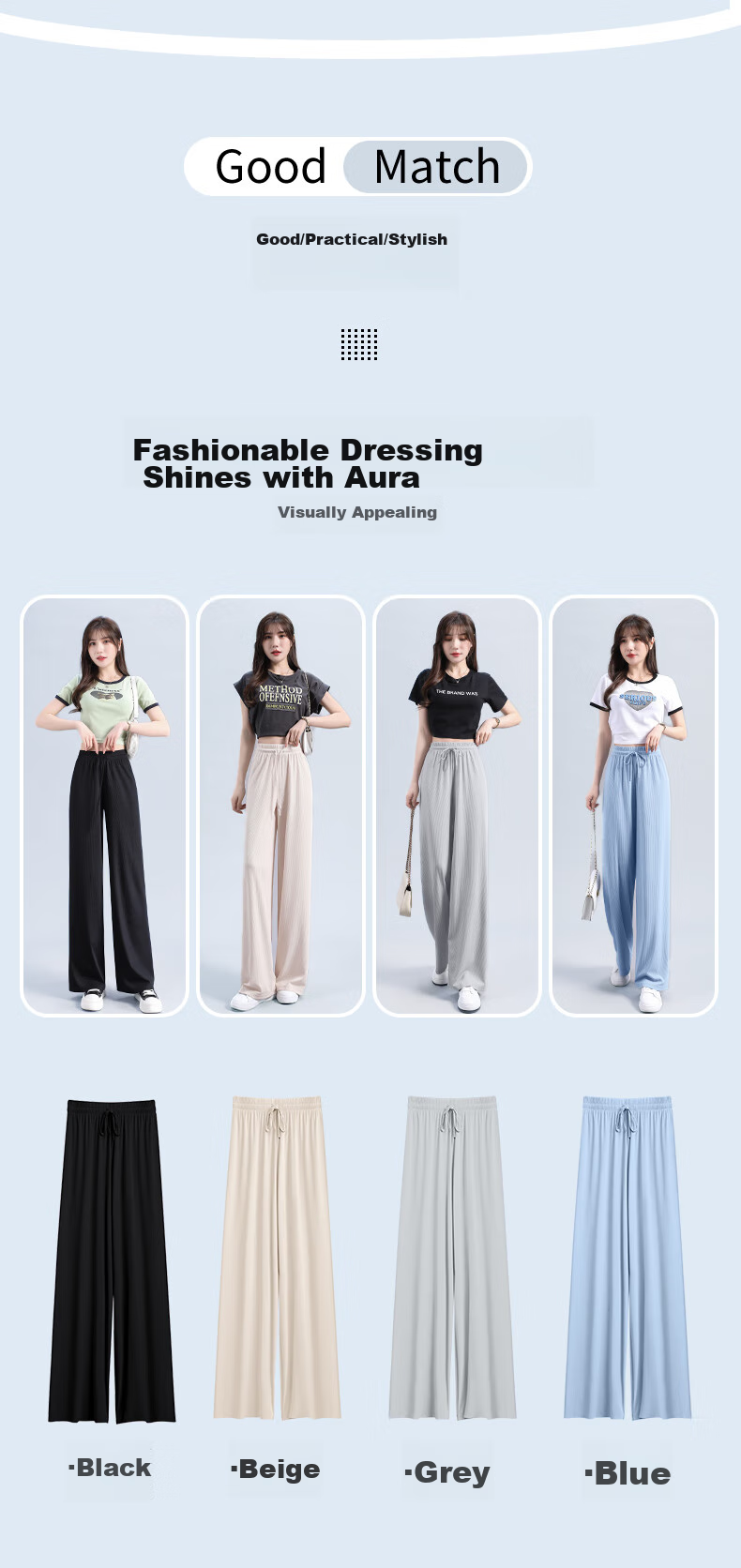 Baleno Women's Cooling Ice Silk Pants 2026 Summer Thin Wide-Leg Draped Casual Straight-Leg Trousers for Outdoor Sports 7