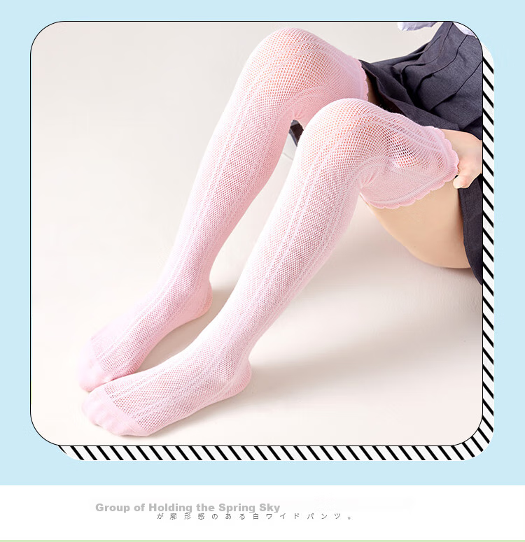 Langsha Children's Socks, Girls' Summer Thin Style, Student Over-Knee Long Socks, Mesh Slouchy Socks, 3-Pack, Yellow Pink White, Size L 10