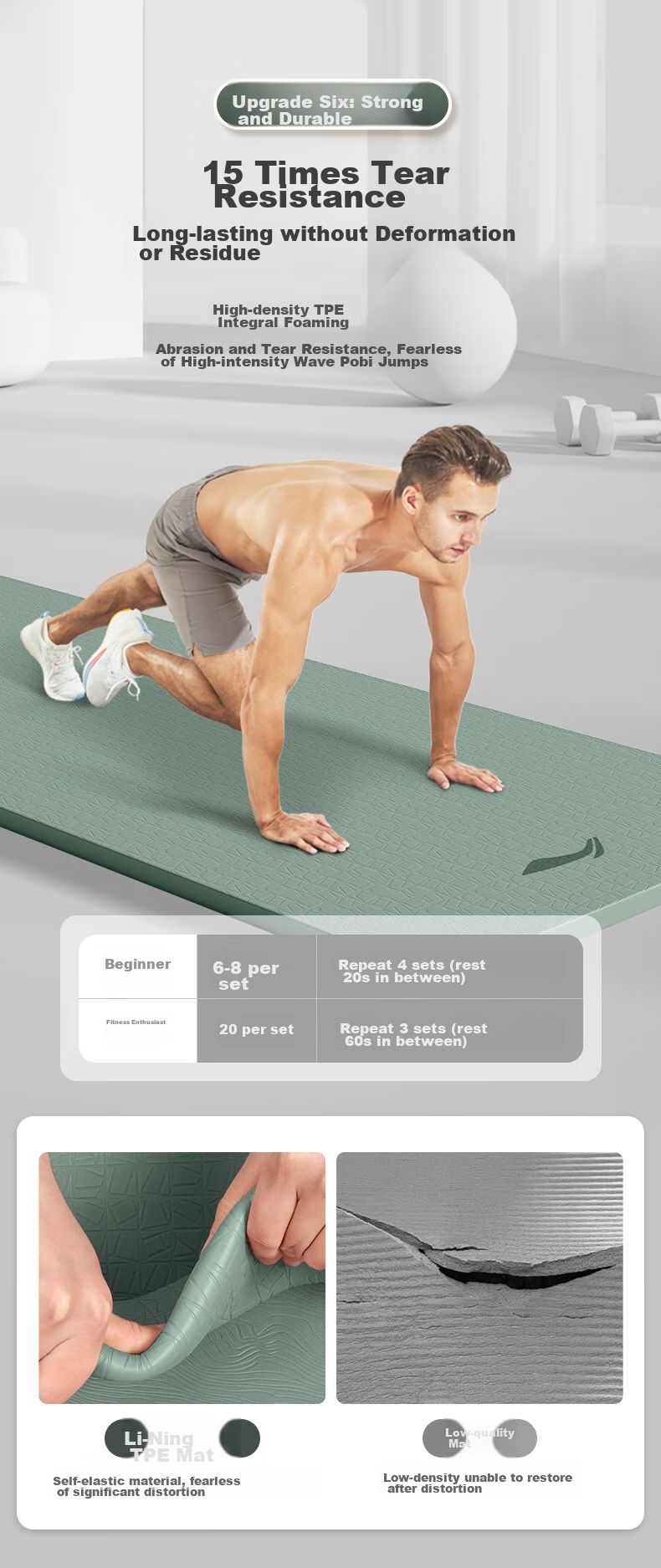 Li-Ning Yoga Mat TPE, Wide And Thick for Men And Women, Professional Non-Slip, for Jump Rope Exercises, Sports, Soundproof, Shock-Absorbing Floor Mat, Gree 14