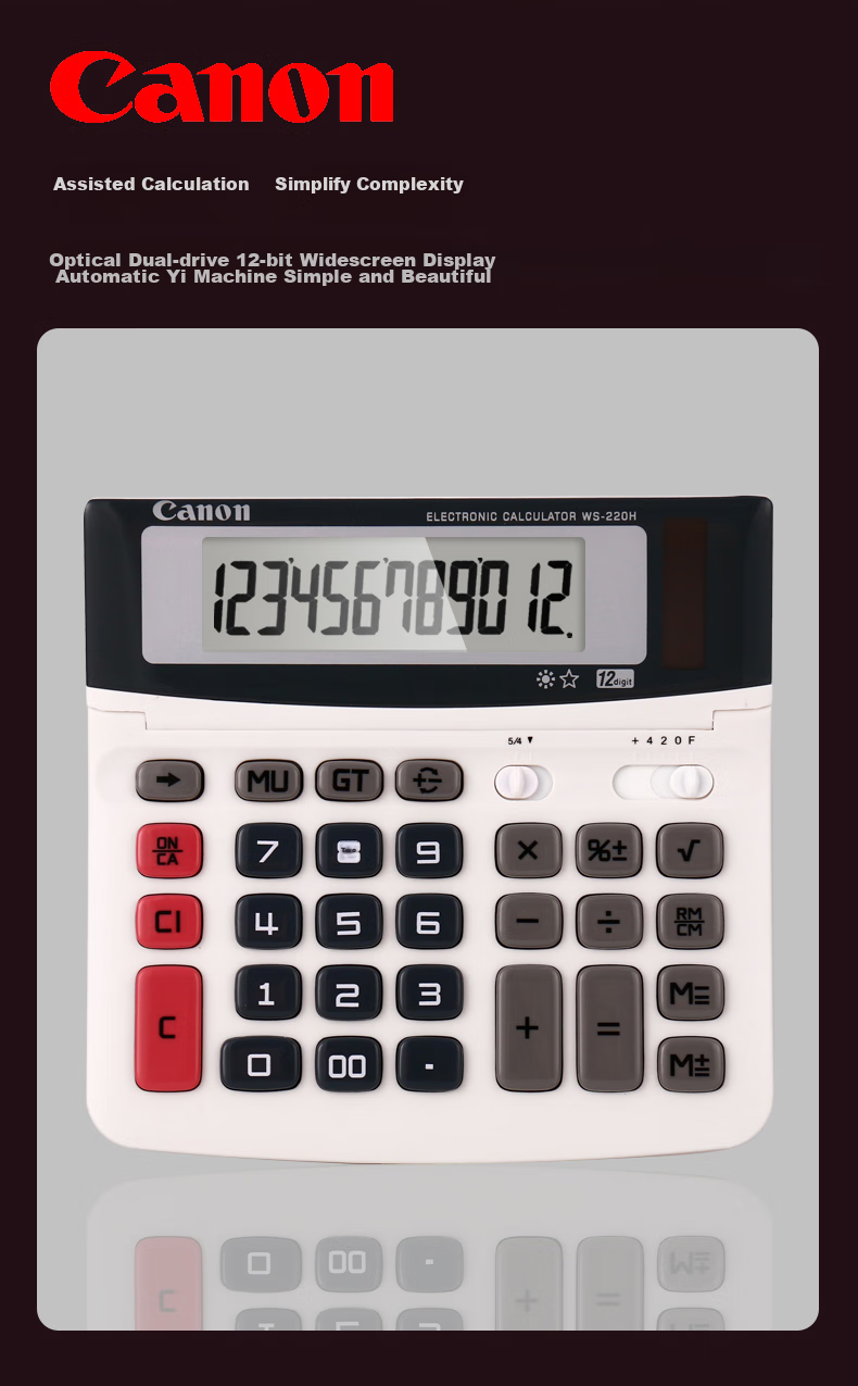 Canon WS-220H Calculator, 12-Digit Display, White, Dual Power Supply, High Precision, for Student Exams And Office Use, Adjustable Screen, Business Portable 2