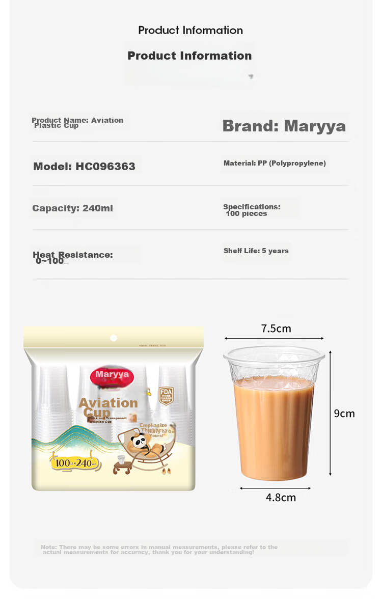 MARYYA Disposable Plastic Cups, 240ml*100 Pieces, Thickened Water Cups, Tea Cups, Beverage Cups, Aviation Cups 3