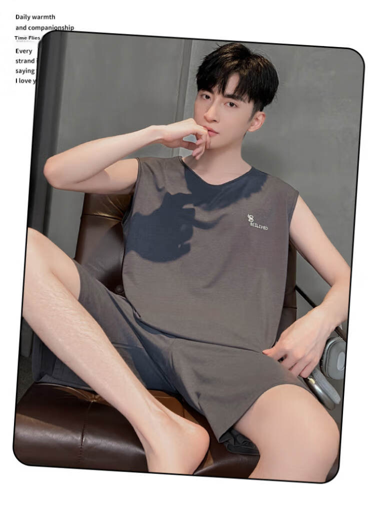 LangSha Men's Pajama Set, Summer Thin Style, Sleeveless Vest, Silk-Like Short Pants, Casual Men's Wearable Loungewear 19
