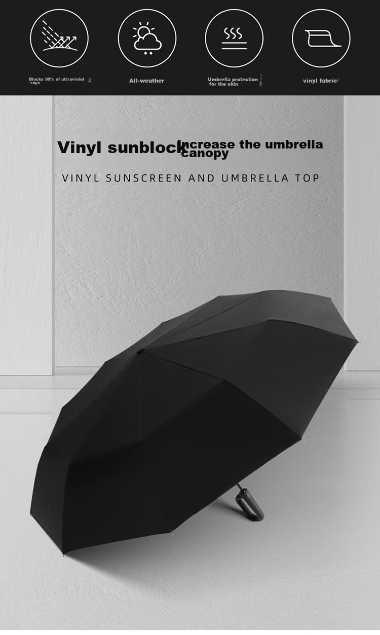 C'mon Fully Automatic Umbrella, Three-Fold Large Size, Sun Protection Umbrella, Sunshade Umbrella for Men, Automatic Folding Umbrella with Ring, Black 2