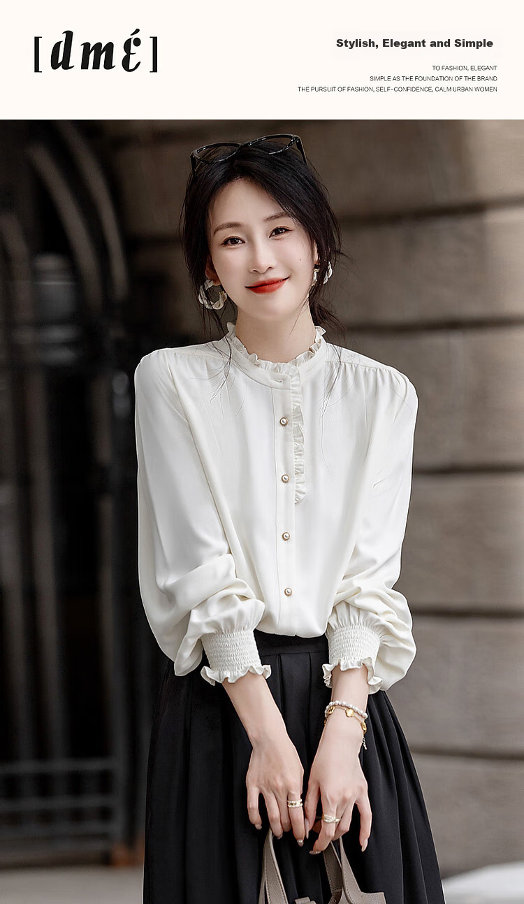 Dme [Ruched Shiny Blouse] Spring And Autumn French Style Women's Elegant Ruffle Stand Collar Pleated Blouse Women's Top 1