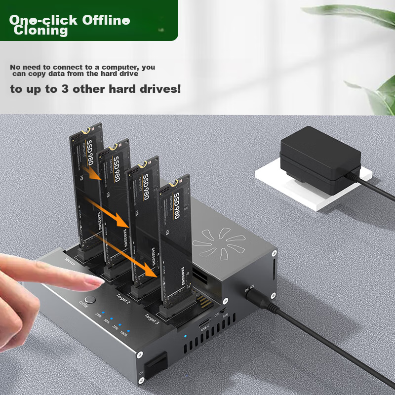 AOKO One-To NVMe SSD Cloner, Cloning Machine, One-To M.2 NVME duplicator, Dual-To Cloner, 40Gbps Four-Bay Hard Drive Dock with Fan, S4CG