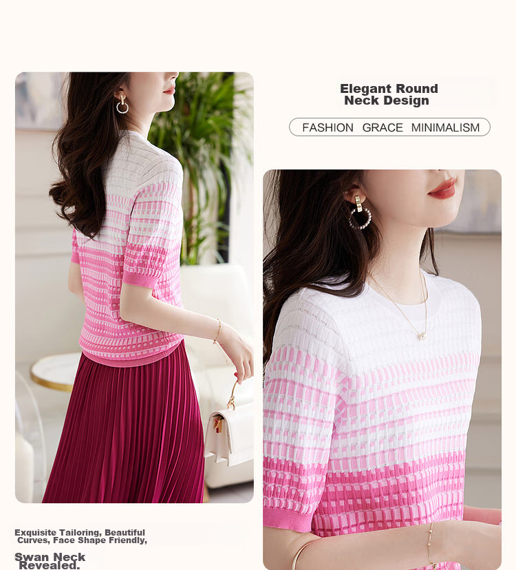 Dme [Bingchuan Meiros] Spring And Summer Double-Curved Ice Linen Sweater, Round Neck, Contrasting Color Jacquard, Petite Knit Top for Wome 6