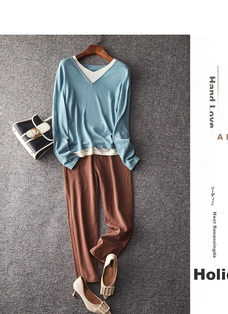 Dme [Color-Block Casual Knit Sweater] Spring And Autumn Commuter V-Neck Loose Long-Sleeve Sweater for Wome 10