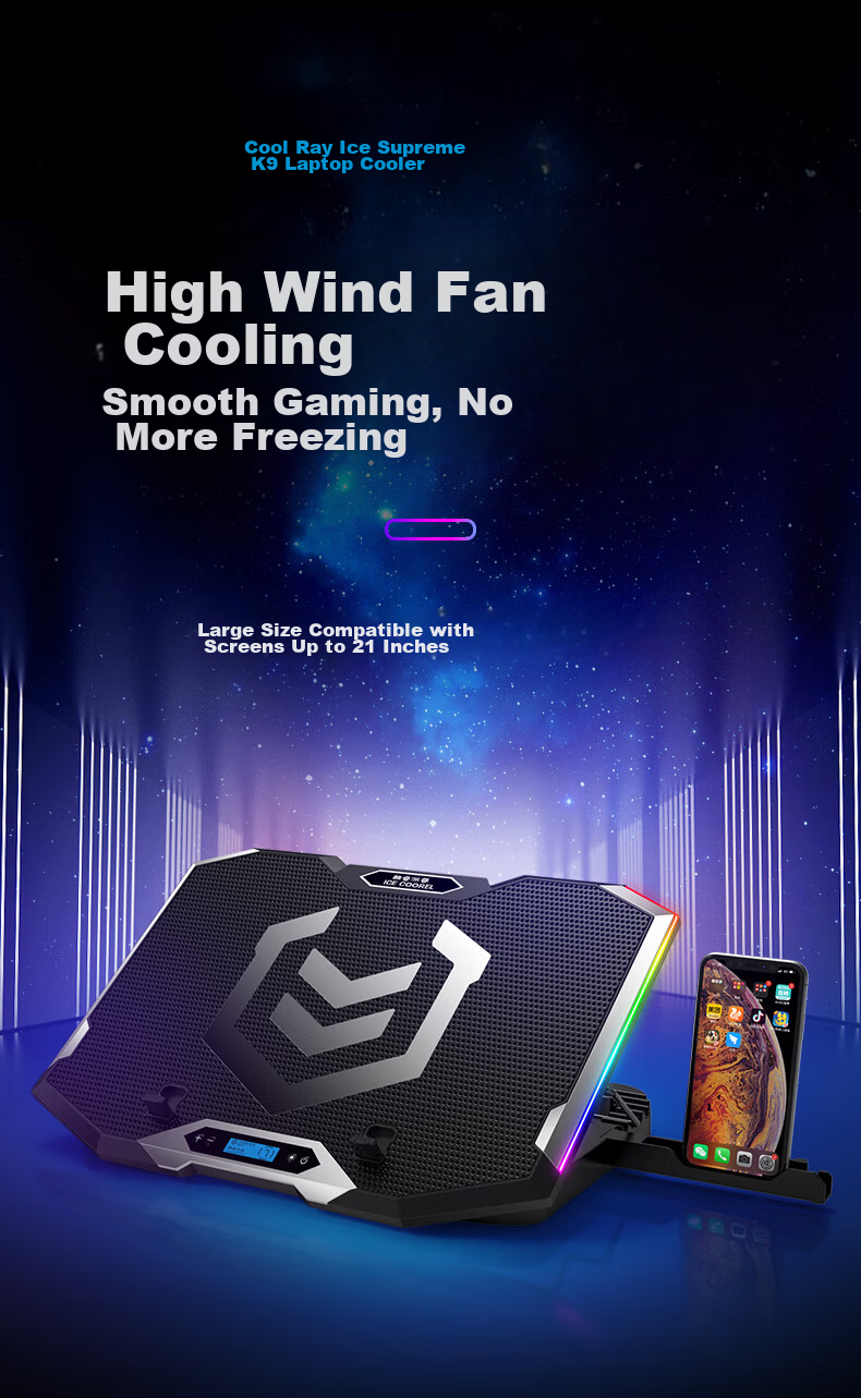 ICE COOREL K9 Laptop Cooling Pad, Laptop Stand, Gaming Laptop Alienware Adjustable Speed Fan Cooling Stand with RGB Lighting, Height-Increasing Desk, Mechanical Revolution Lenovo Huawei 2