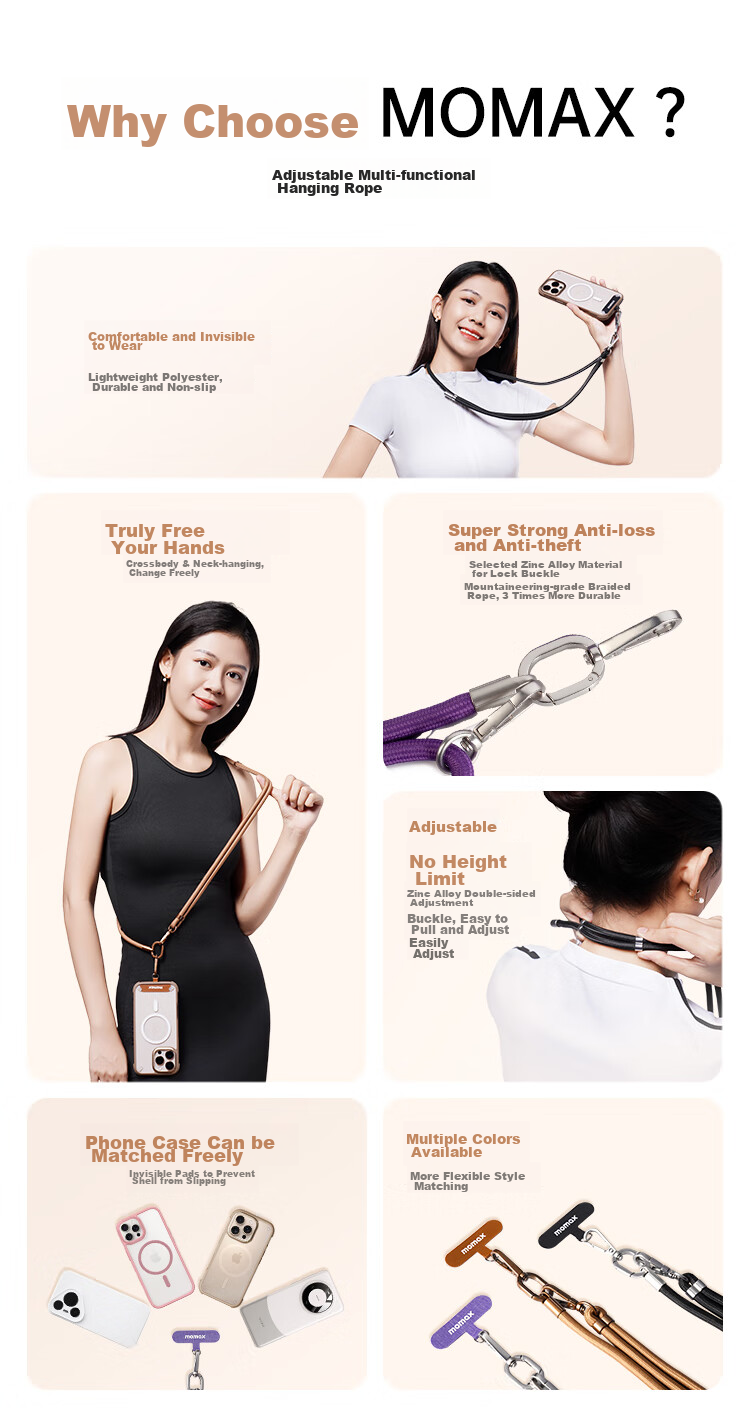 MOMAX Adjustable Phone Lanyard, Neck Strap, Anti-Theft Cord, Anti-Loss Phone Case, Patch Clip, Outdoor Drop Protection, Suitable for Apple, Huawei, Android, Unisex 3