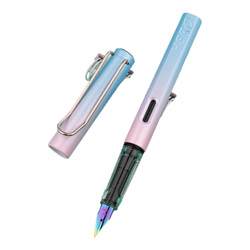 HERO Fountain Pen 1359 Galaxy Series Fine Iridium Nib Beginner Calligraphy Pen for Boys and Girls Grade 3 Posture Correction Ink Pen (Includes 6 Ink Cartridges) EF Nib Colorful Pink