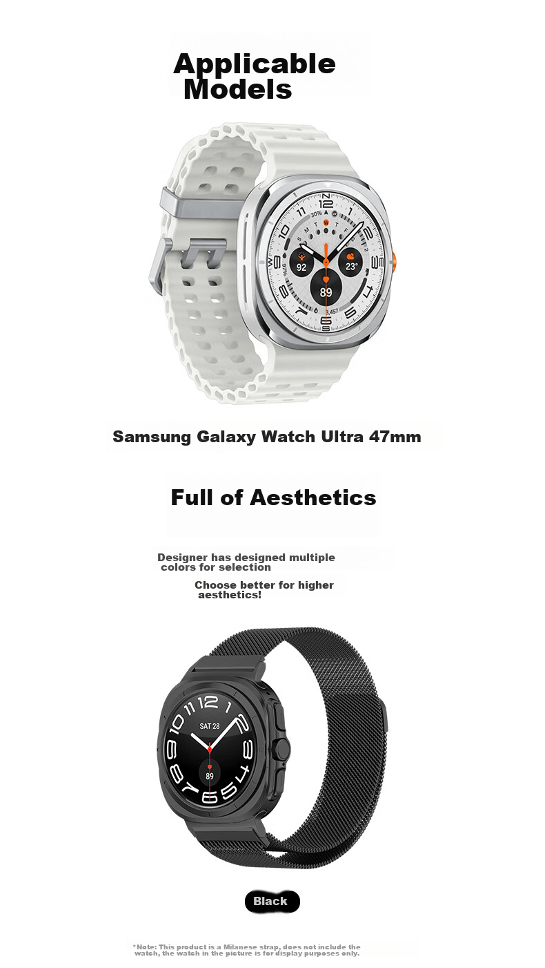 KMaxAI Compatible Milanese Stainless Steel Watch Band for Samsung Watch Ultra 47mm, Magnetic Stainless Steel Braided Watch Strap, Breathable Business Replacement Wristband with Creative Magnetic Clasp, Black 2