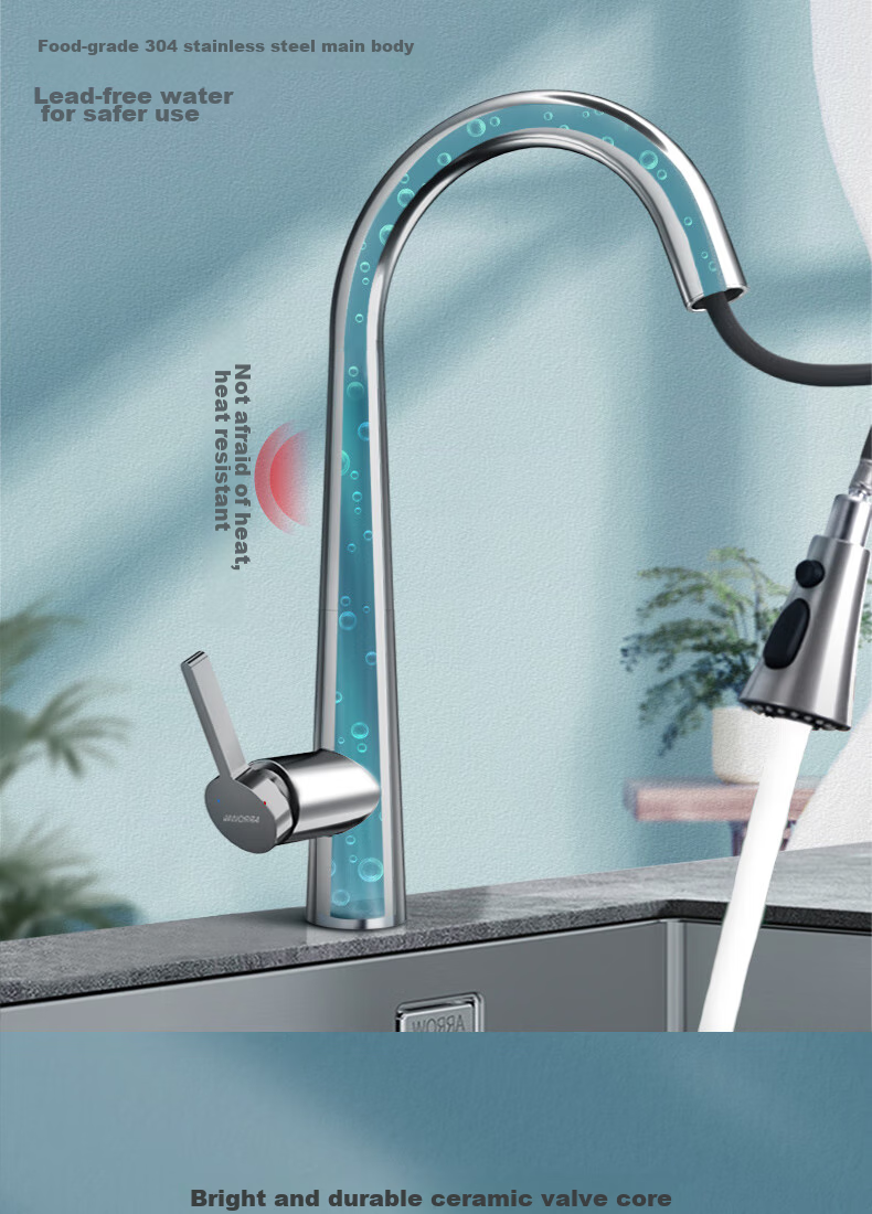 ARROW Pull-Out Kitchen Faucet, 304 Stainless Steel Hot And Cold Rotating Sink Tap for Washing Vegetables And Dishes, AE45131SS 10