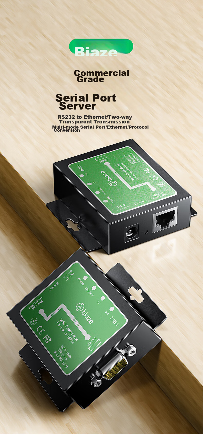BIAZE Serial Server, RS232 to Ethernet Converter, IoT Network Module, Single RJ45 Port Gateway, TCP/IP Networking Device with Management 1