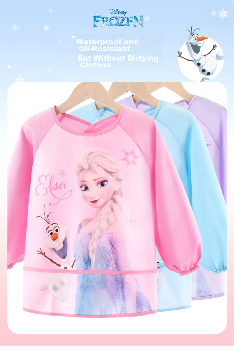 Disney Children's Smock, Girls' Waterproof Apron, Painting Smock, Baby Eating Bib, Food Bib, 7104 Ice Blue, Size S 1