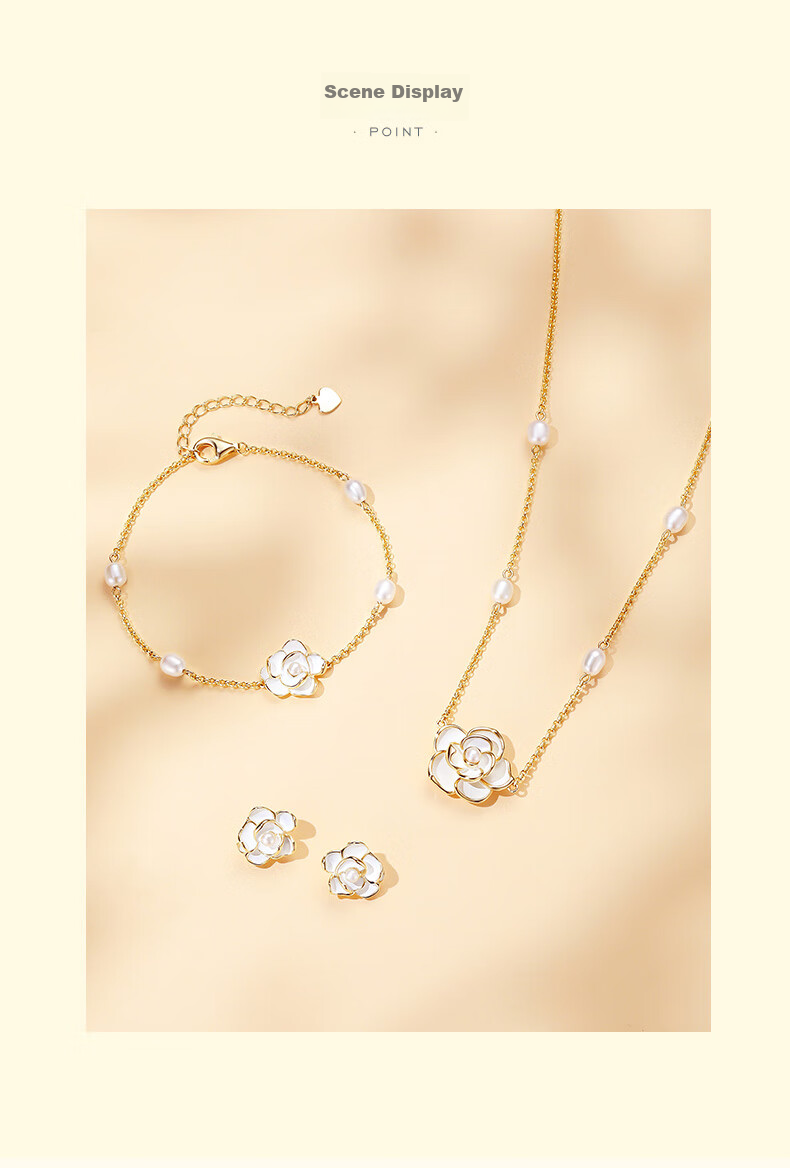 CHOW TAI SENG [Birthday Gift] Camellia Pearl Necklace Silver Elegant Collarbone Chain Light Luxury Niche Gift for Girlfriend 8