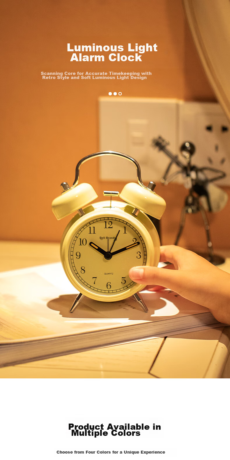 Deli Metal Vintage Pin Alarm Clock, Low Noise Timekeeping Luminous Alarm Clock, Random Color, 9025 Back-To Season New Year Gift 1