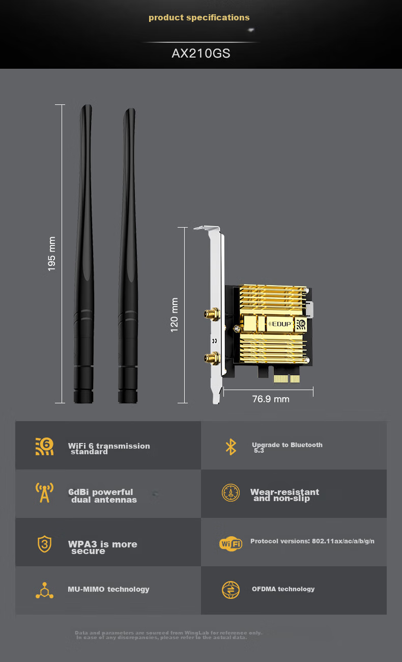 EDUP AX210 Wireless Network Adapter, WiFi 6 Dual-Band Gigabit PCI-E Wireless Network Card, Desktop-Specific 5374M Bluetooth 5.3 Two-In Wireless WiFi Receiver AX210GS 2