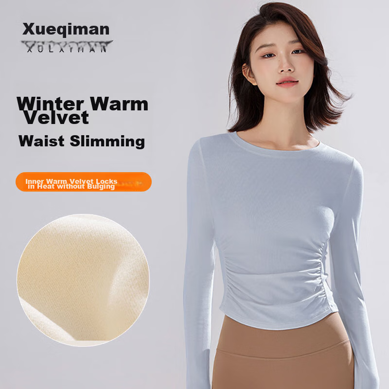 XUEXIMAN Yoga Wear Women's Long-Sleeve T-Shirt, Autumn And Winter New Style, Fleece-Lined Thickened Pleated Slimming, Running Fitness Sports Quick-Dry Top