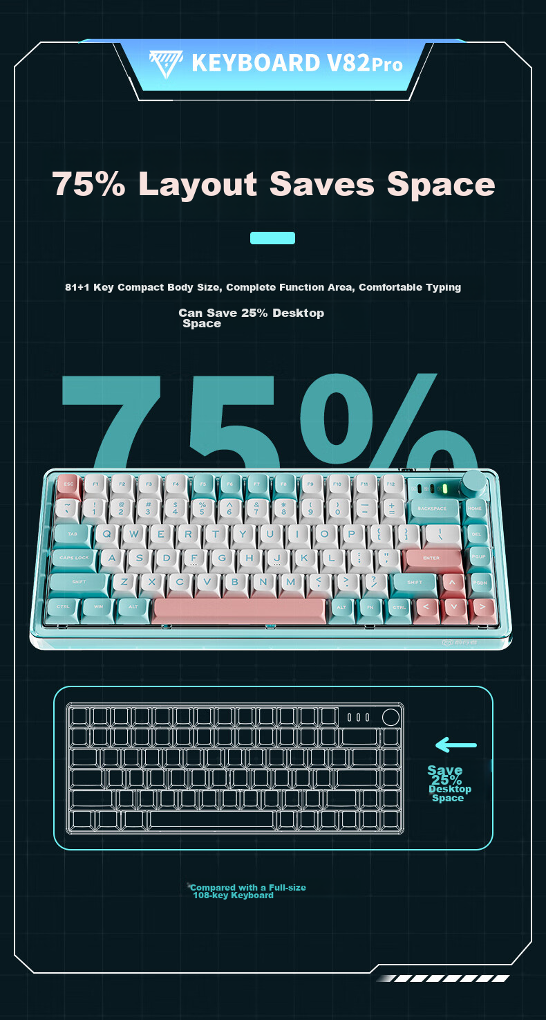 EWEADN V82pro Small Ice Sugar Wireless Bluetooth Tri-Mode Custom Mechanical Feel Keyboard, 82 Keys, for Office, E-Sports Gaming, Laptop Peripherals, Ivory White Wind Chrysanthemum Switch 7