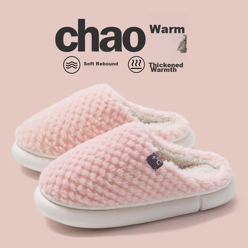 GUOLUOFEI Cotton Slippers, Men's Indoor Thick Warm Couple Thick-Soled Furry Slippers for Women, Light Pink, Size 40-41