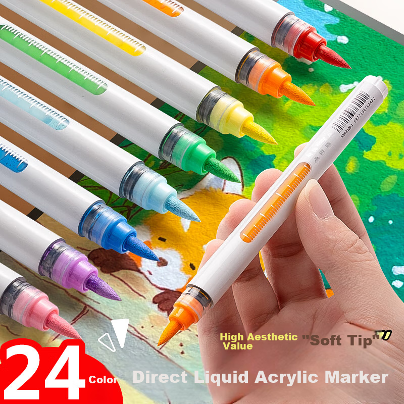 Luxueji 24-Color Direct Liquid Soft-Tip Acrylic Markers for Students, Art Students, Non-Translucent, Stackable Colors, Drawing Pens Gift for Boys And Girls