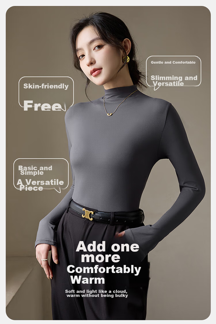 LangSha Turtleneck Base Layer for Women, Inner Wear, Warm, Form-Fitting, Spring And Summer, Antibacterial, Anti-Mite, Black Long-Sleeve T-Shirt, Brushed Warm Top 5
