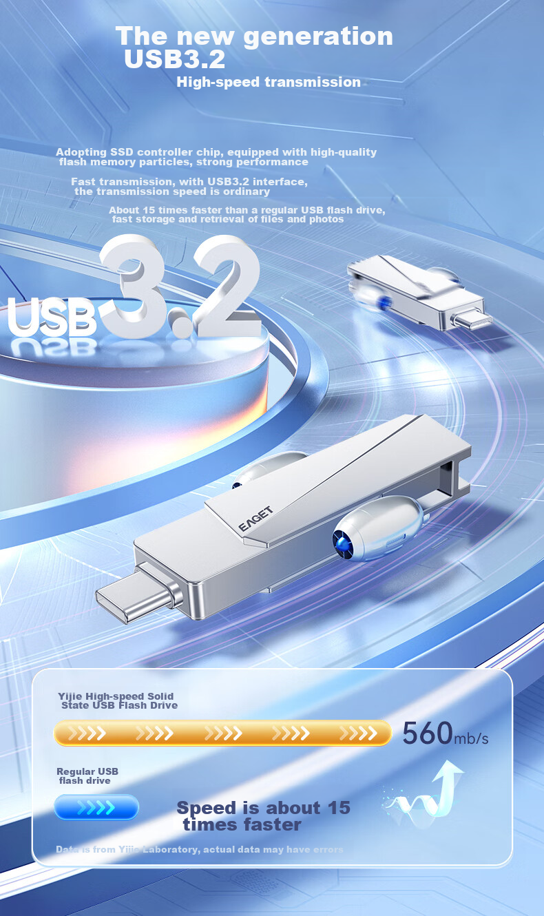 EAGET 256GB Dual Interface Solid State Flash Drive, High Speed up to 560MB/s, USB3.2 Type-C Dual-Use for Phone And Computer, Large Capacity Office USB Drive SU60 Compatible with Huawei And Apple 3