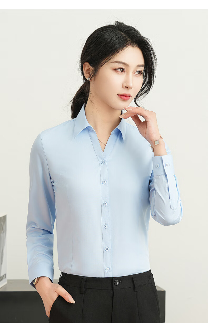 ROMON [Bamboo Fiber] Long-Sleeve Shirt for Women, V-Neck Slim Fit Business Casual Professional Work Uniform White Blouse Top Women's Clothing 7