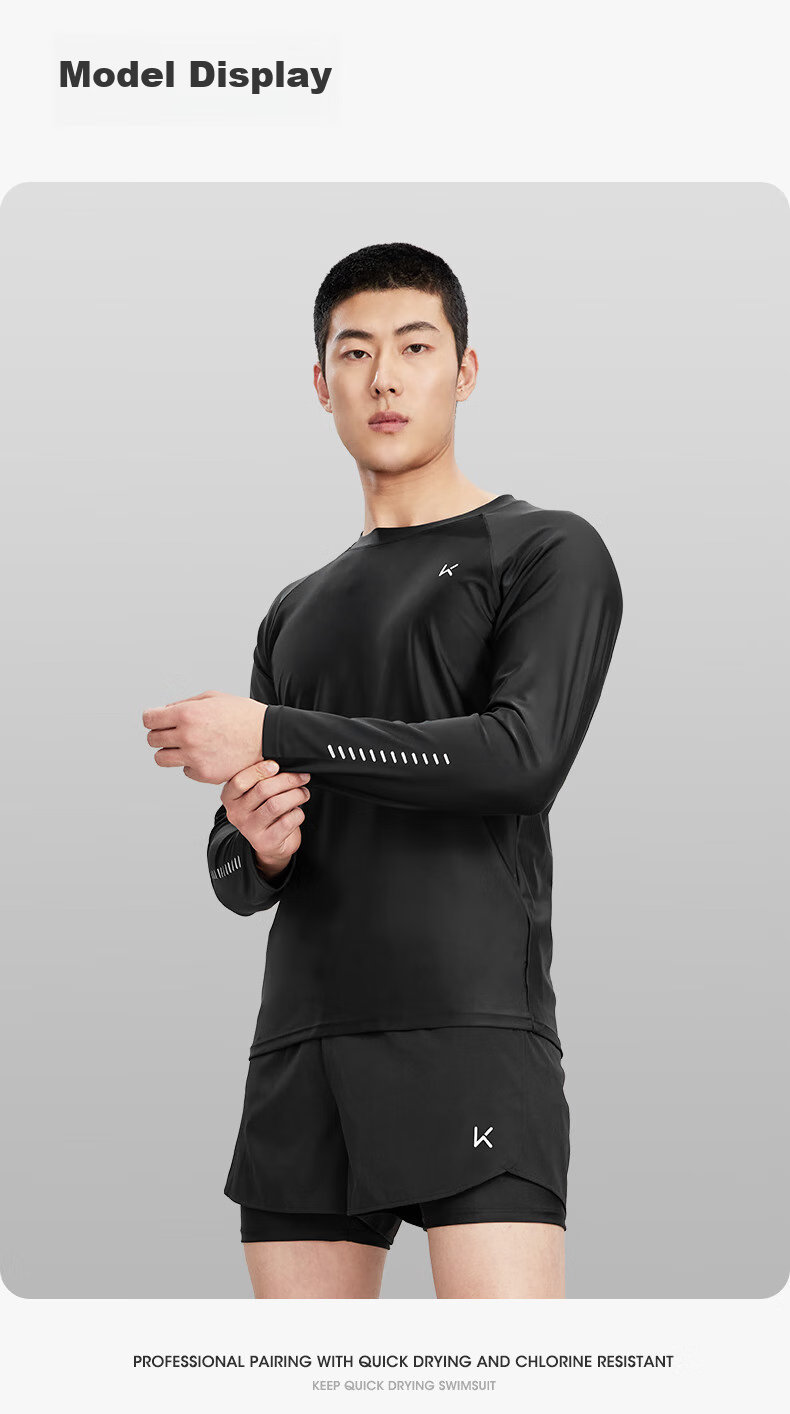 Keep Men's Long-Sleeve Swimsuit, Quick-Dry, Anti-Embarrassment, Professional Hot Spring Surfing Suit, Swimming Gear, Black, XL 12
