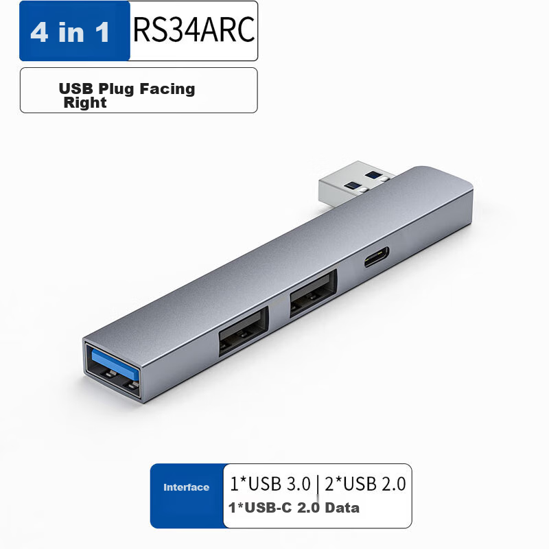 USB-хаб Youlianxing YLX-34ARC, 4 порта, USB 2.0, USB 3.0, Type-C, алюминиевый сплав, серый