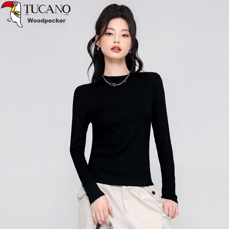 TUCANO Women's Base Layer, Spring And Autumn Inner Wear, Slim-Fit Ribbed Regular Shoulder Long-Sleeve T-Shirt, Solid Color Basic Undershirt Top, Black, M