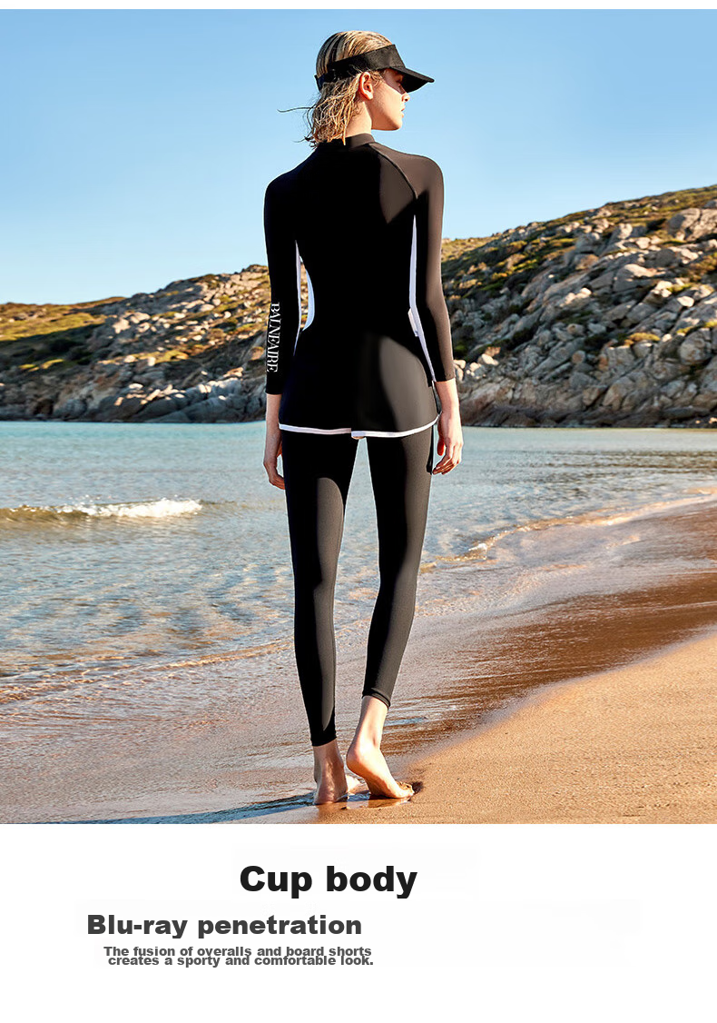 BALNEAIRE [Dong Xuan Same Style] Surfing Series Two-Piece Swimsuit Hot Spring Conservative Sun Protection Top for Women, Fashionable Black And White, M 5