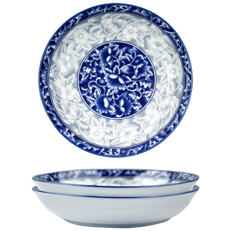 Huaqingge Blue And White Porcelain 8-Inch Plates, Household Dinner Plates, Tang Dynasty Style Ceramic Plates, Set of 2, Underglaze Color Dinnerware Set