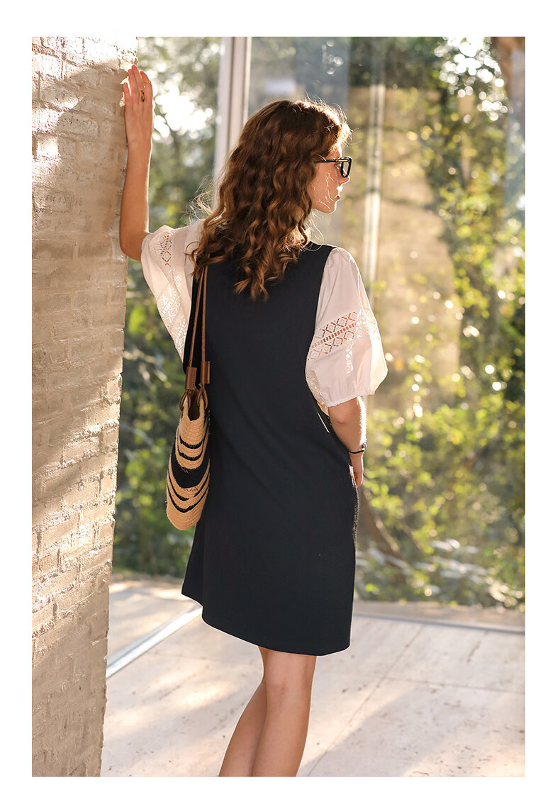 Olrain French Lace Hollow Out Puff Sleeve Splice Dress Women Summer Elegant Straight Dress Black and White M 19