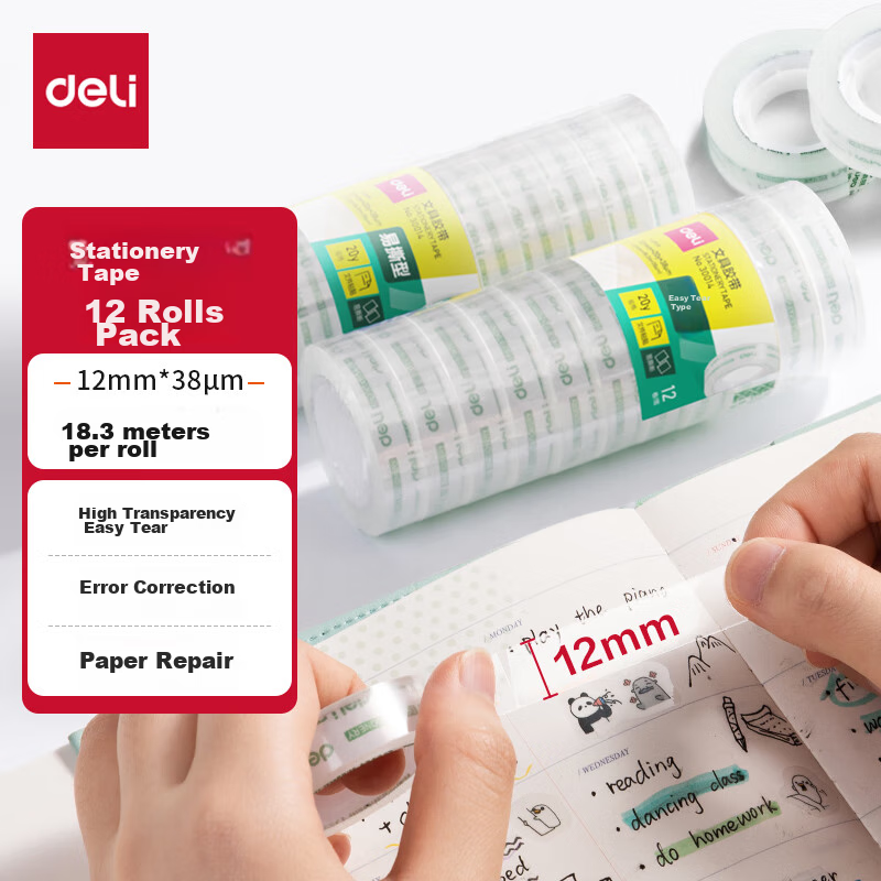 Deli Easy-Tear High Transparency Tape, 12mm*20y High Adhesive Small Tape, Back-To Essential School Supplies, Error Correction Student Stationery, 12 Rolls, Office Supplies, 30014