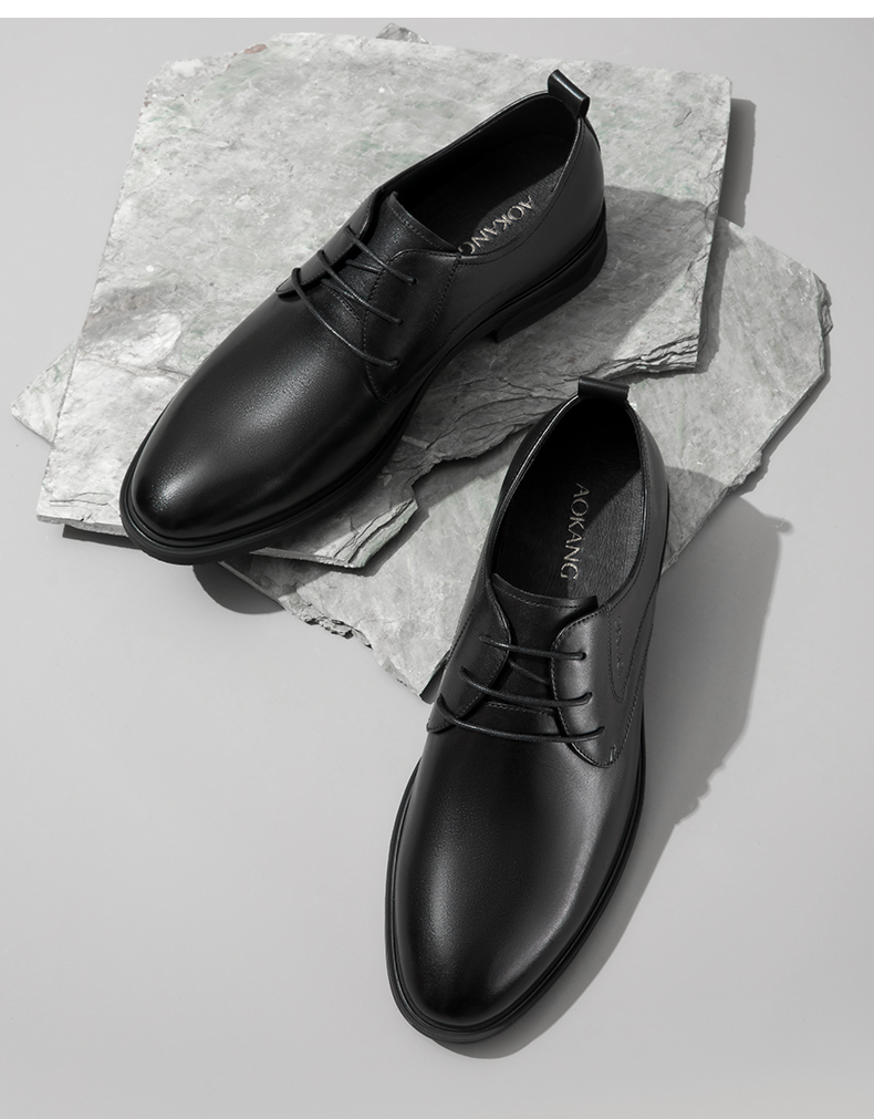 Aokang Official Men's Shoes, Men's Formal Leather Shoes, Round Toe Lace-Up Business Shoes for Men, Black, Size 38 1