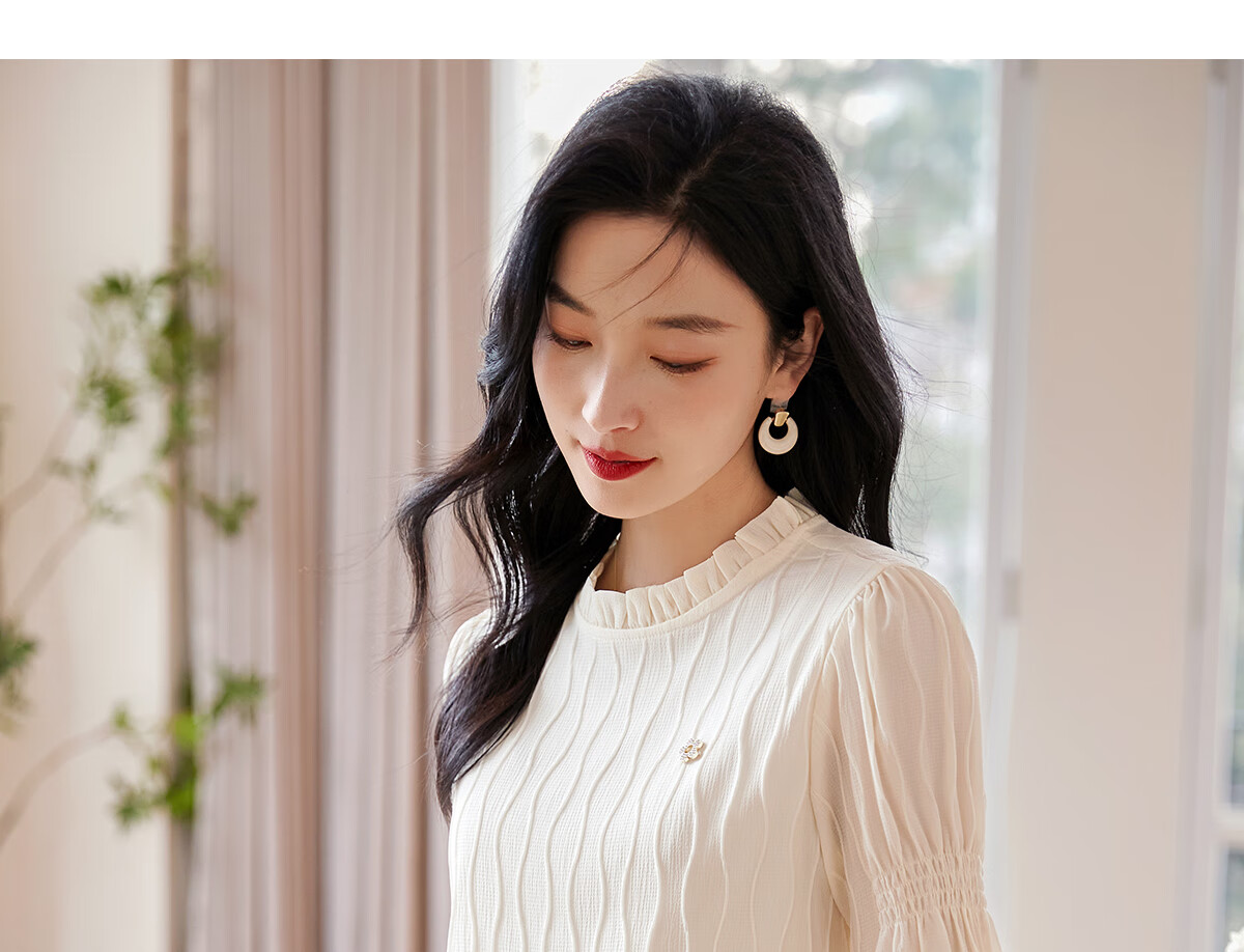 Chushen Spring And Autumn Long-Sleeve Blouse for Women, Fashionable Design with Small Stand-Up Collar, Chiffon Blouse S141C2876 Beige L 17