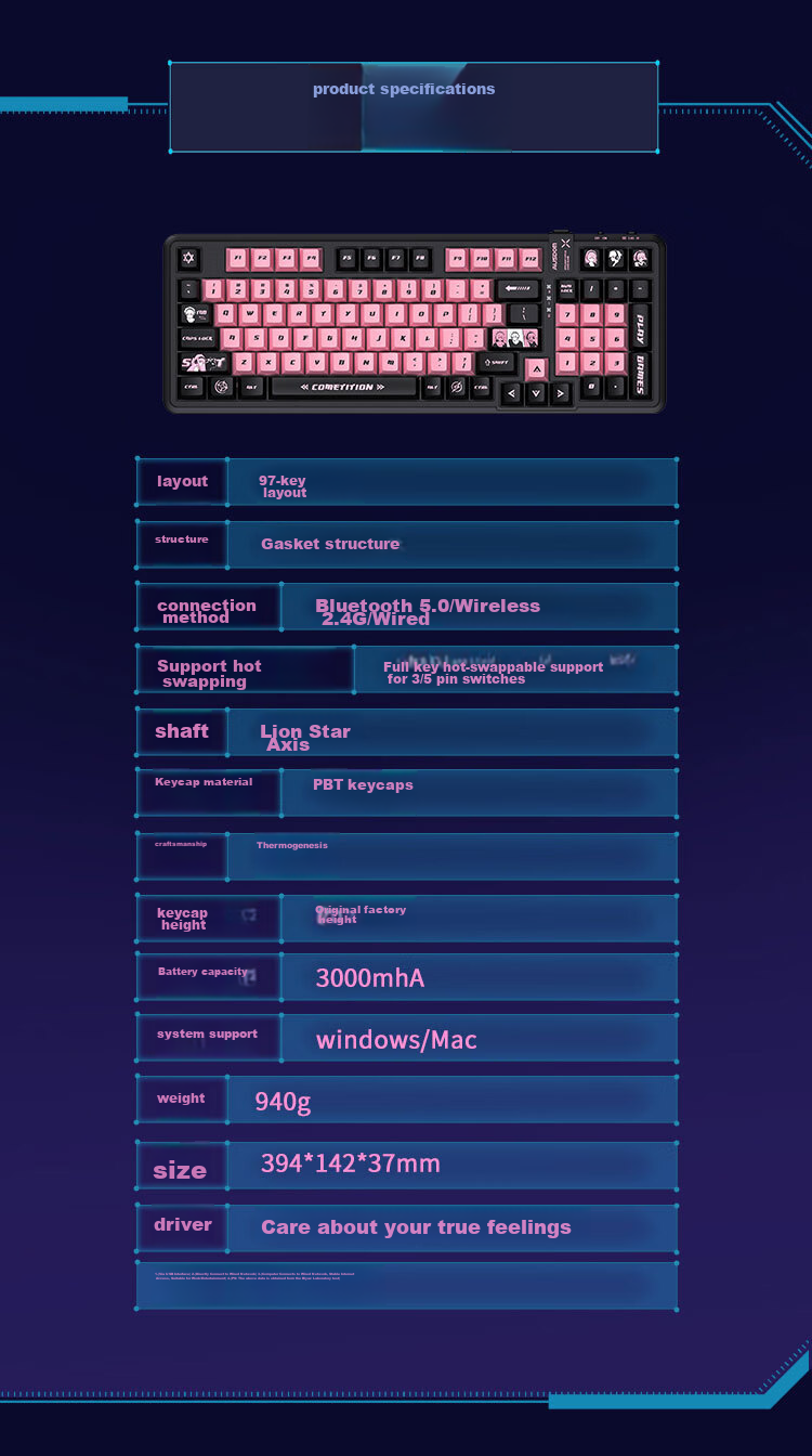 AUSDOM 98Pro Five-Sided Hot Melt Mechanical Keyboard, Gaming E-Sports Three-Mode Bluetooth Wireless Office Customizable Full-Key Anti-Ghosting High-Aesthetic Gift Keyboard 98 Keys - Meow Sound Party 14