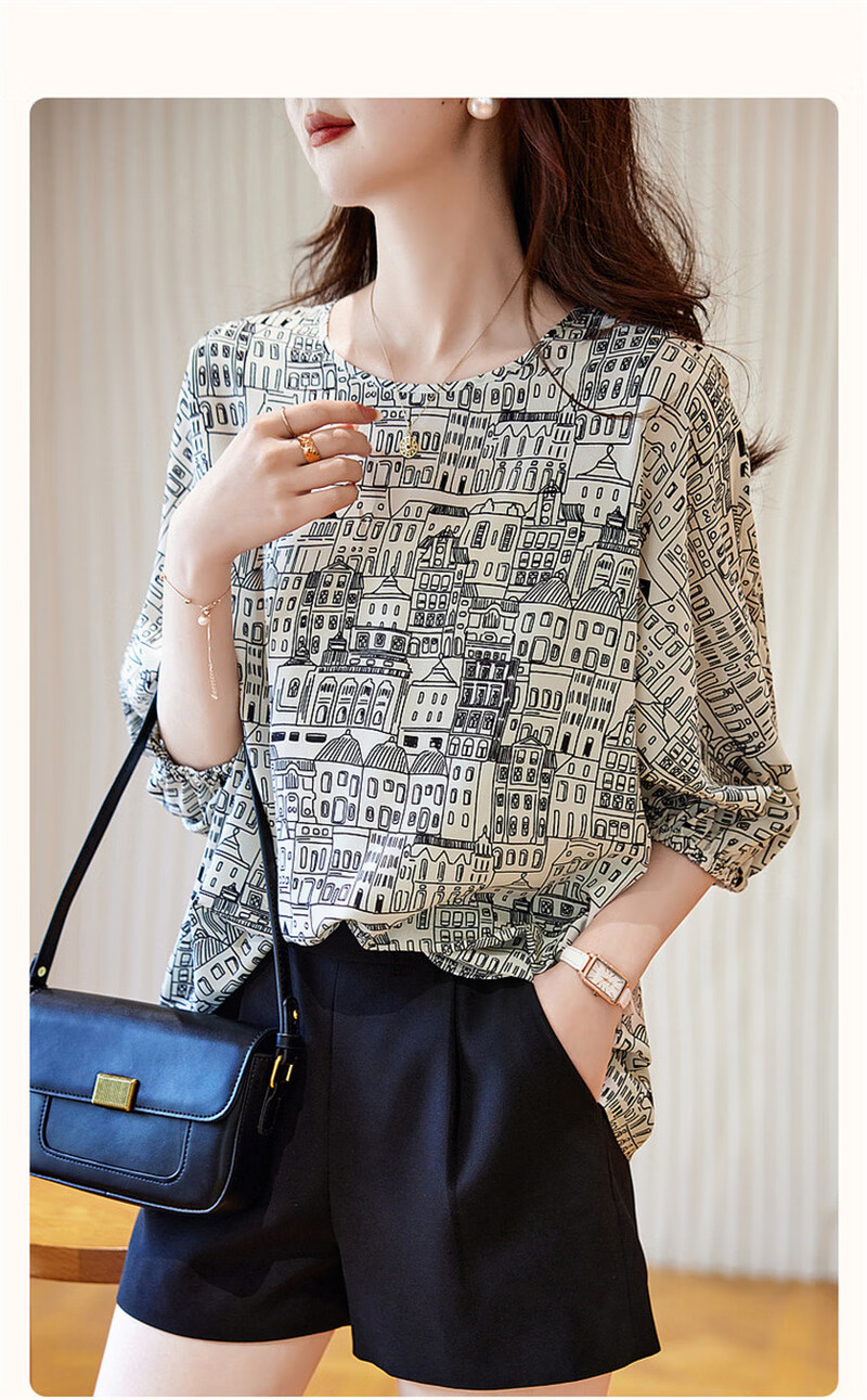 Dme [Wandering Cities] Summer Design Line Architecture Print Shirt, Smooth Composite Silk Floral Yao Blouse Women's Top 2